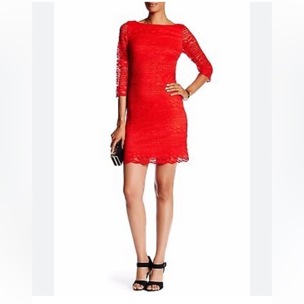 Eliza J Red Lace Sheath Cocktail Bodycon Dress Boatneck 3/4 Sleeves Size 0